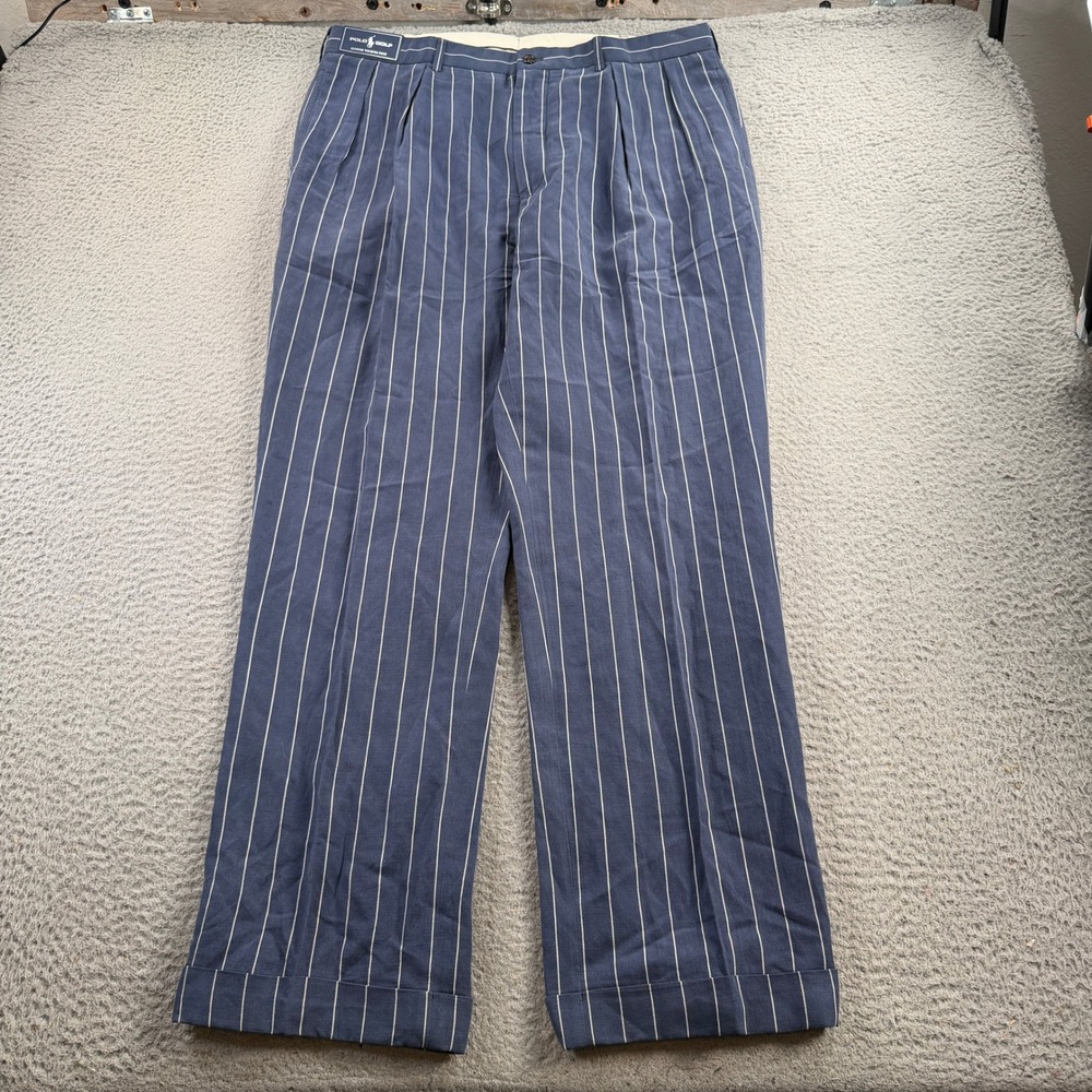 Polo Ralph Lauren Custom Touring Pants Men 38x33 Pinstripe Silk Linen Pleated